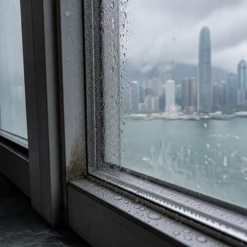 香港舊樓鋁窗漏水問題，窗框密封膠老化導致雨季嚴重滲水
