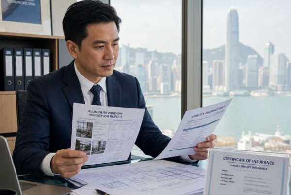Third Party Liability Insurance Certificate & Insurance Officer Reviewing Window Drawings HK$20 Million coverage protecting homeowner rights in aluminum window projects.