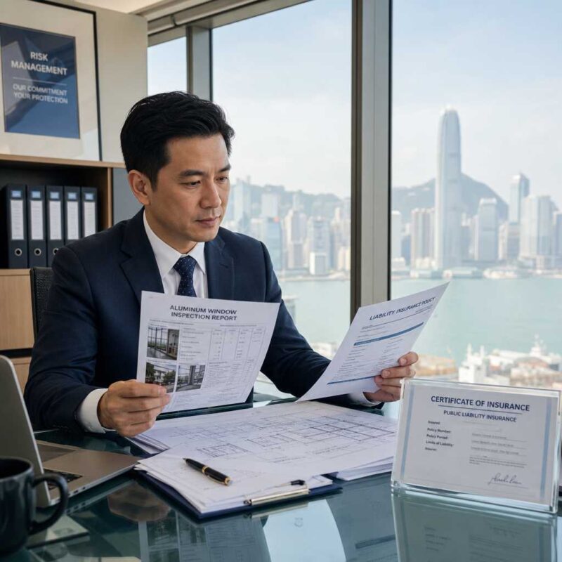 Third Party Liability Insurance Certificate & Insurance Officer Reviewing Window Drawings HK$20 Million coverage protecting homeowner rights in aluminum window projects.