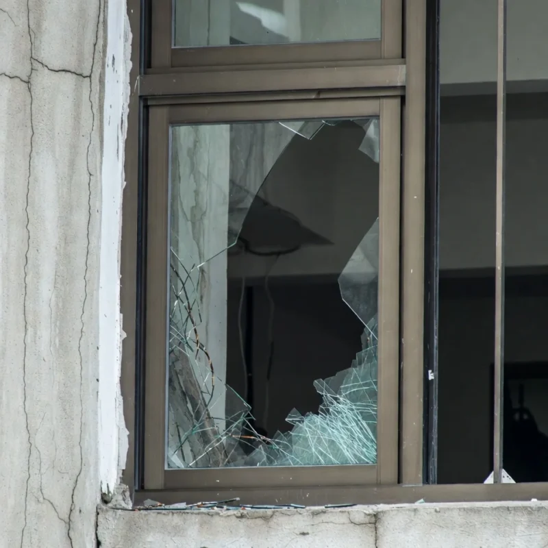 Burst damaged aluminum window glass – typhoon season glass safety hazard and replacement warning