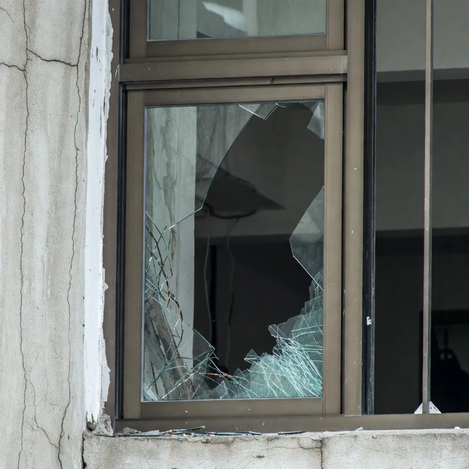 Burst damaged aluminum window glass – typhoon season glass safety hazard and replacement warning